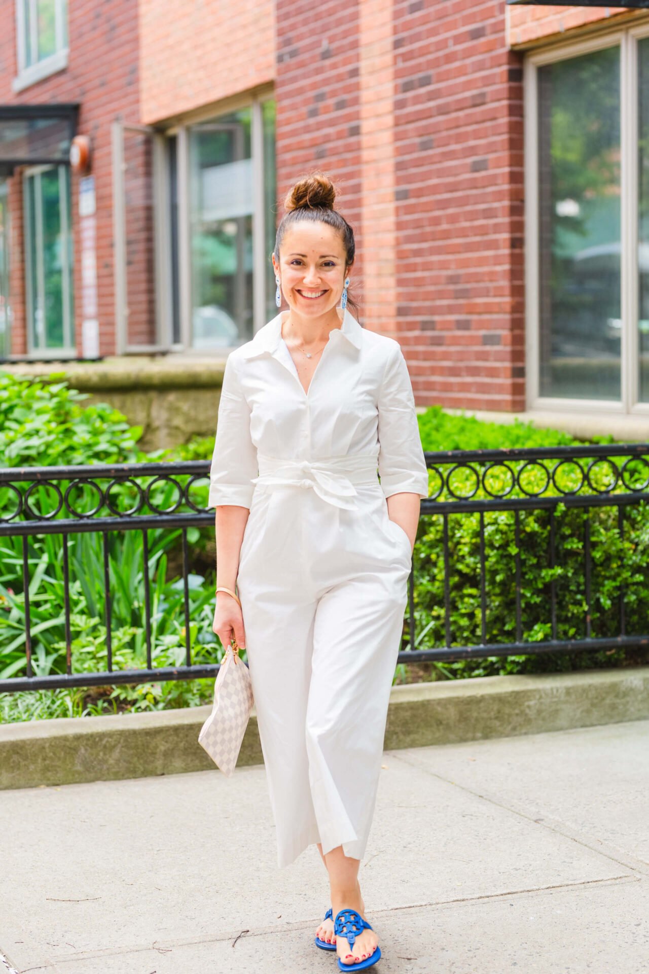 GMG White Jumpsuit Kingston Earrings LV Clutch Tory Burch Sandals Look by Modnitsa Styling