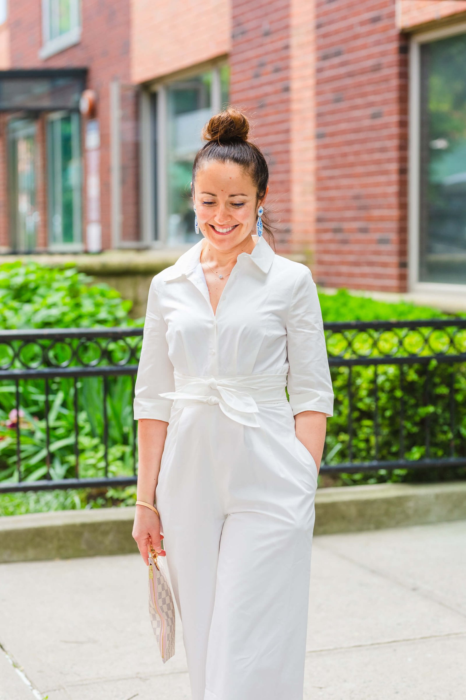 GMG White Jumpsuit Kingston Earrings LV Clutch Tory Burch Sandals Look by Modnitsa Styling